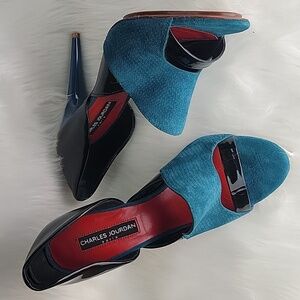 CHARLES JOURDAN Teal Suede Black Patent Leather d'Orsay Open Toe Designer Heel 8